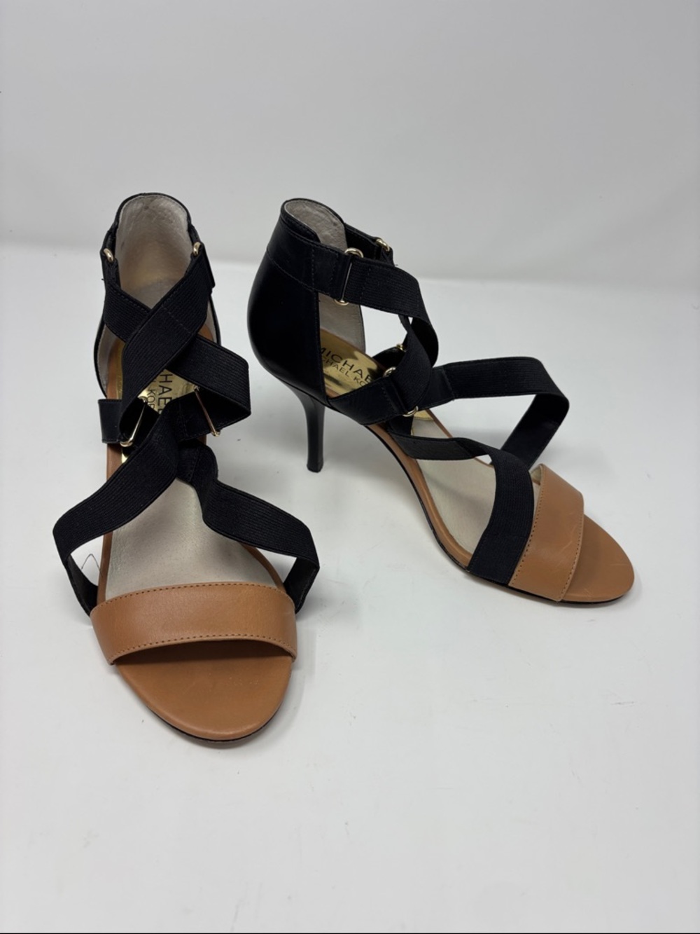 Michael Kors Black & Tan Crisscross Strappy Stiletto Sandals 6.5